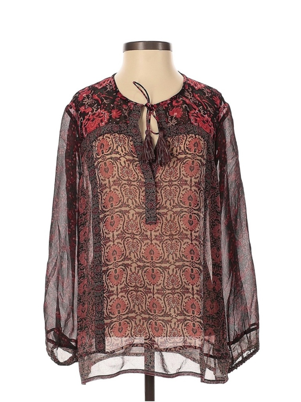 Joie Sheer Boho Tie-Front Blouse in Burgundy and Pink